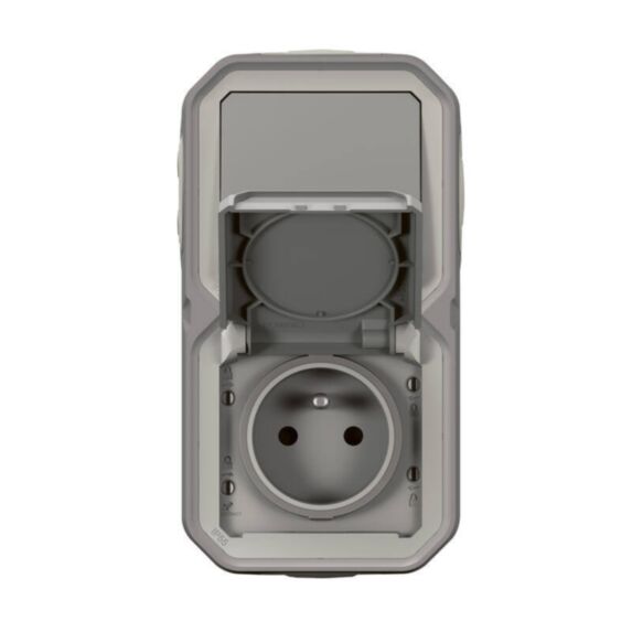 Prise de courant avec va-et-vient vertical Plexo complet saillie gris 16A - LEGRAND