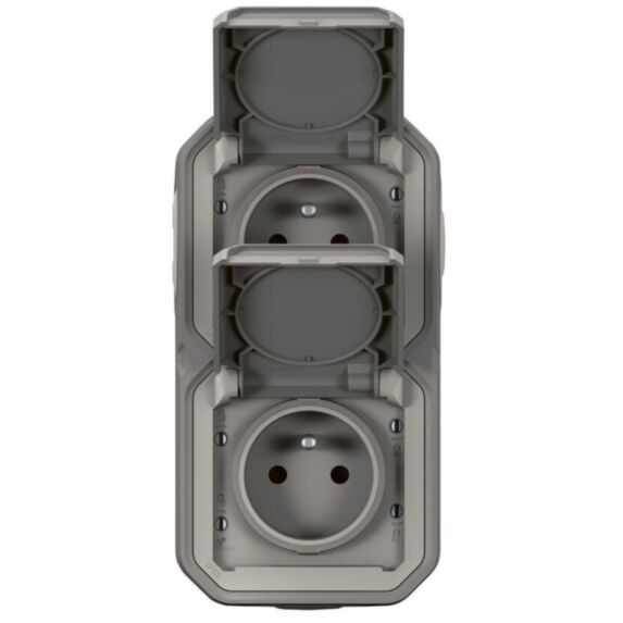 Double prise de courant verticale avec volet Plexo complet saillie gris 16A - LEGRAND