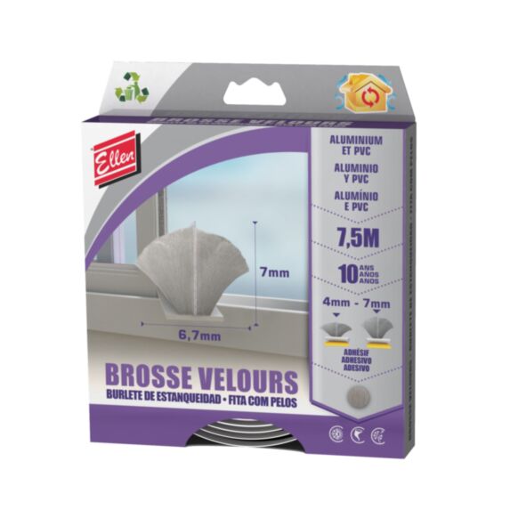 Brosse velours gris pour menuiserie coulissante alu/PVC