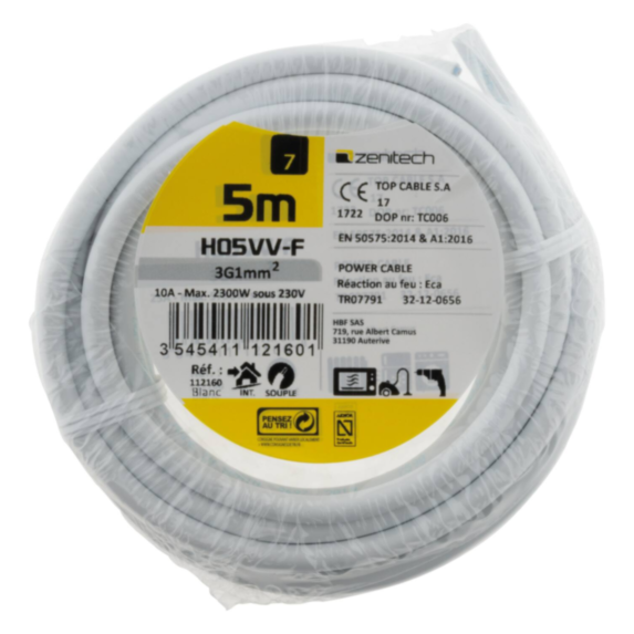 Cable ho5vvf 3x1 blanc 5m - PLASTO