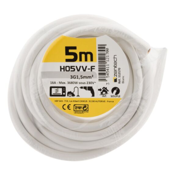 Cable ho5vvf 3x1.5 blanc 5m - plasto - INOTECH