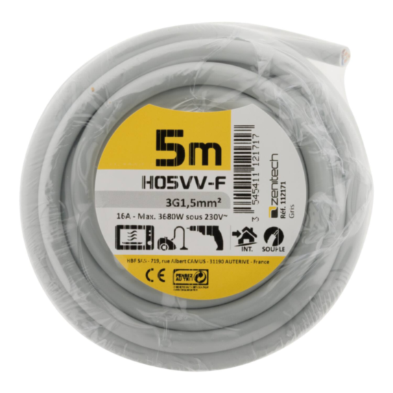 Cable ho5vvf 3x1.5 gris 5m - plasto - INOTECH