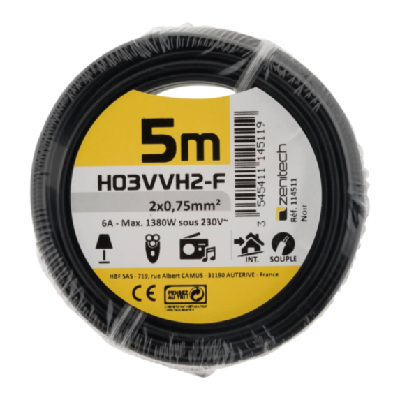 Cable ho3vvh-2f 2x0.75 noir 5m - plasto - INOTECH
