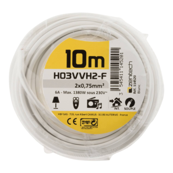 Cable ho3vvh-2f 2x0.75 blanc 10m - INOTECH
