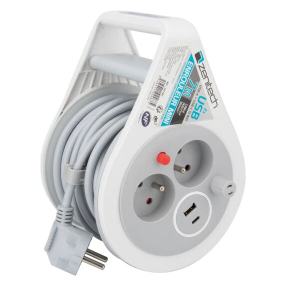 Mini enrouleur ménager 3 Prises + 2 USB Gris 7m - ZENITECH
