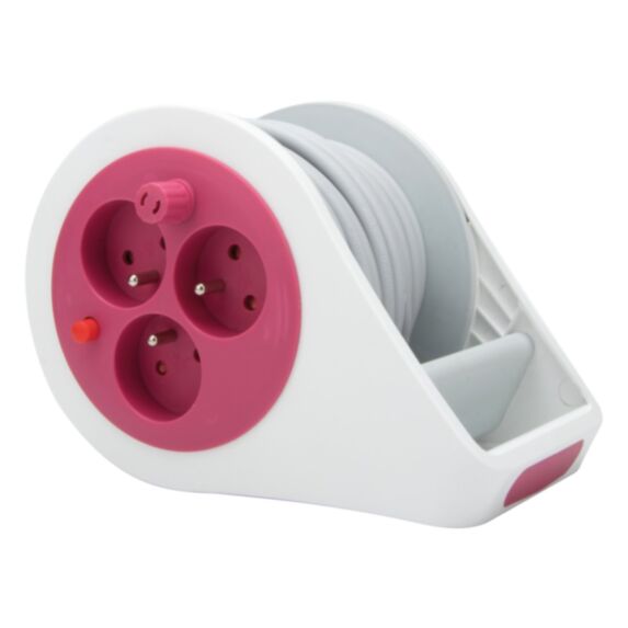 Mini enrouleur ménager 3 prises rose