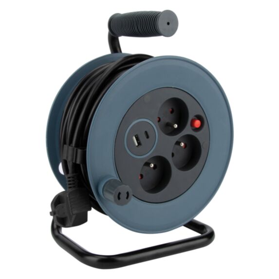 Enrouleur ménager compact de 12m 3 prises + 2 USB Gris - ZENITECH