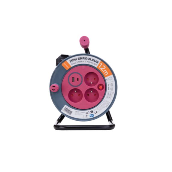 Enrouleur ménager compact de 12m 3 prises + 2 USB Rose - ZENITECH