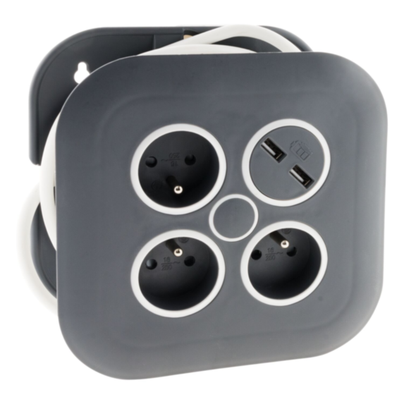 Enrouleur ménager Design 3 Prises + 2 USB Câble 3x1mm² 7m - ZENITECH