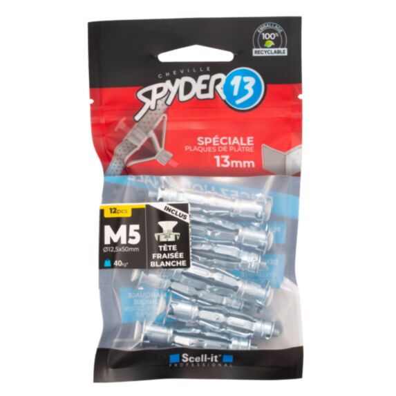 12 chevilles corps creux acier zingué - M5x50mm + vis tête fraisée blanches