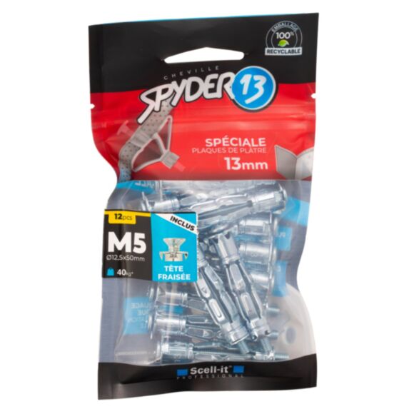 12 chevilles corps creux acier zingué - M5x50mm + vis tête fraisée acier