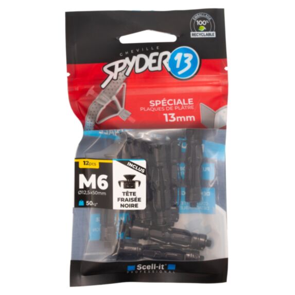 12 chevilles corps creux acier zingué - M6x50mm + vis tête fraisée noires