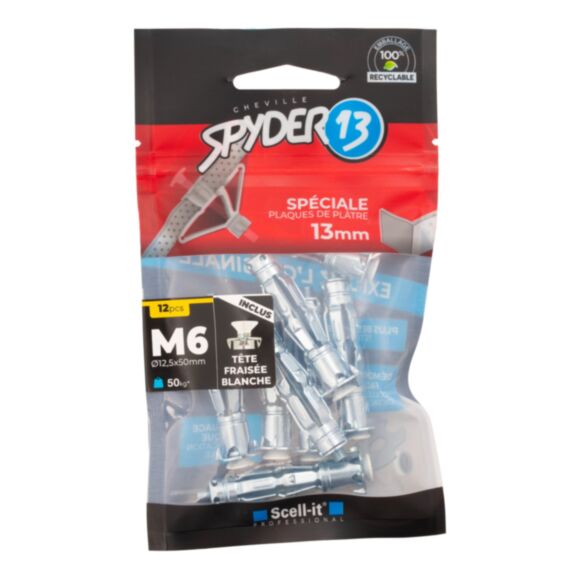 12 chevilles corps creux acier zingué - M6x50mm + vis tête fraisée blanches