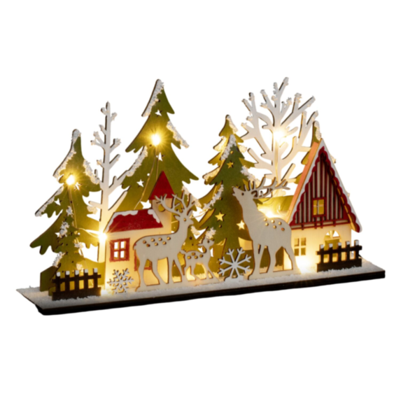 Décoration de Noël Village En Bois Rennes+Sapins 13 LED Blanc - FEERIC