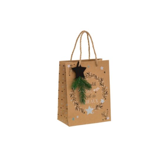 Sac cadeau kraft paillette+bois pm