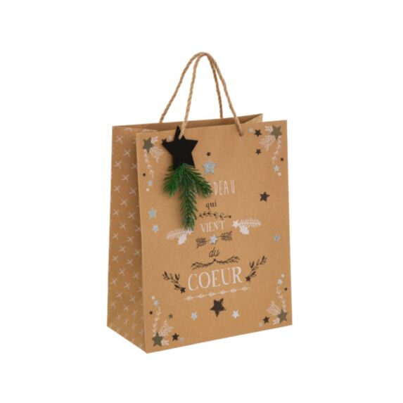 Sac cadeau kraft paillette+bois mm