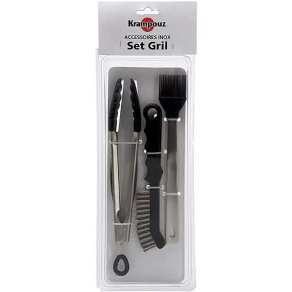 3 Ustensiles Pince Pinceau et Brosse métal pour grill et barbecue