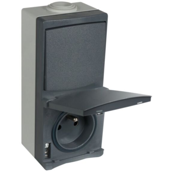 Interrupteur + Prise 2P+T 16A Saillie Sub-Line Etanche Gris - INVENTIV