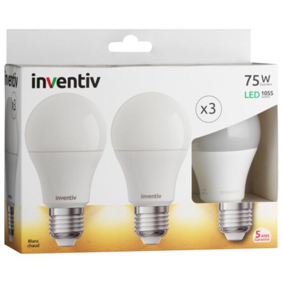 3 ampoules led SMD E27 1055lm 10W blanc chaud - INVENTIV