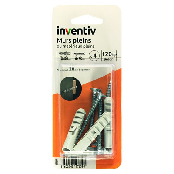 4 Chevilles Matériaux Pleins Ø10x50mm + Vis TF Ø6x70mm - INVENTIV