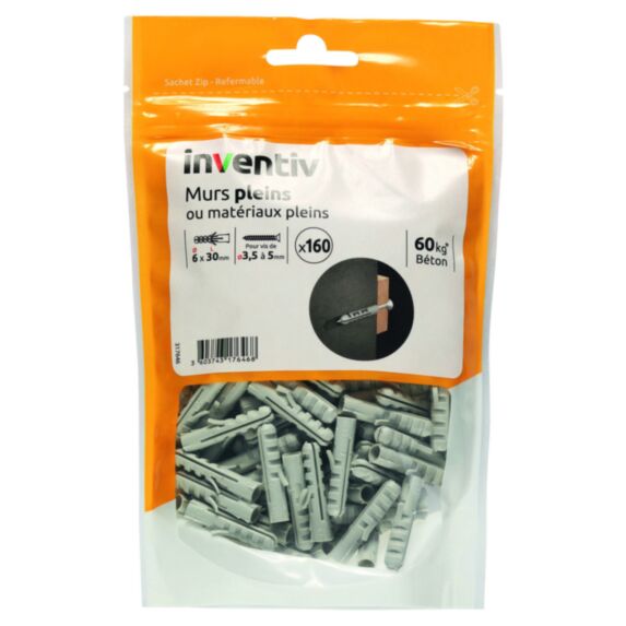 160 Chevilles Nylon Matériaux Pleins Ø6x30mm - INVENTIV