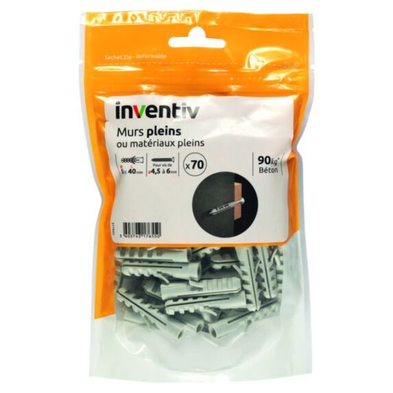 70 Chevilles Nylon Matériaux Pleins Ø8x40mm - INVENTIV