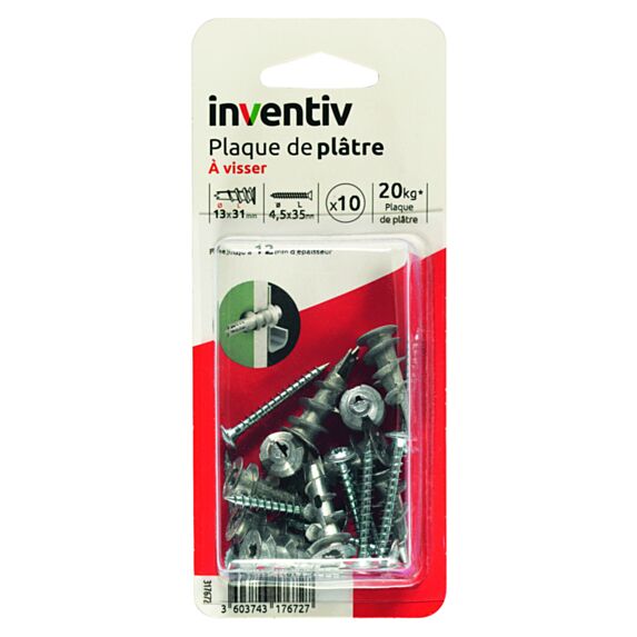 10 Chevilles Métal à Visser + Vis TR Ø4,5x35mm - INVENTIV