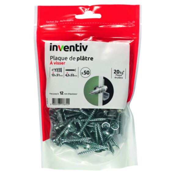 50 Chevilles Métal à Visser + Vis TR Ø4,5x35mm - INVENTIV