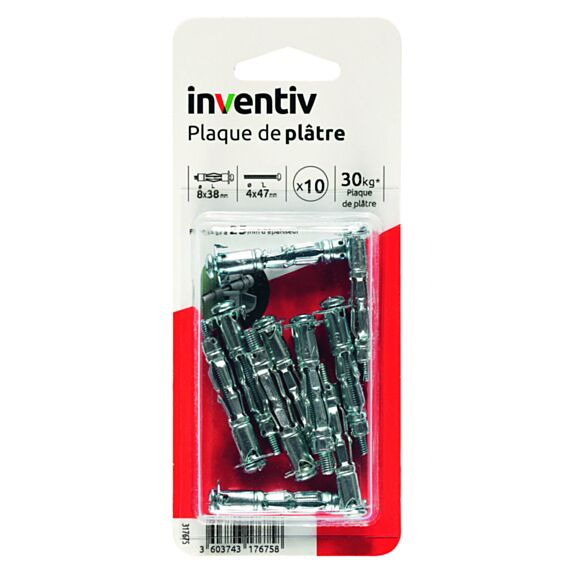 10 Chevilles Plaque Plâtre Ø8x38mm + Vis TR Ø4x47mm - INVENTIV