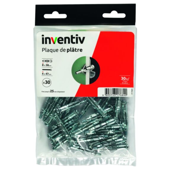 30 Chevilles Plaque Plâtre Ø8x38mm + Vis TR Ø4x47mm - INVENTIV