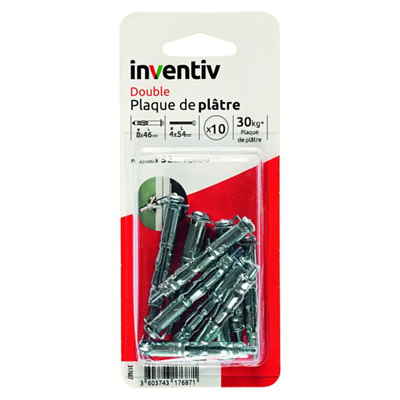 10 Chevilles Double Plaque Plâtre Ø8x46mm + Vis TR Ø4x54mm – INVENTIV