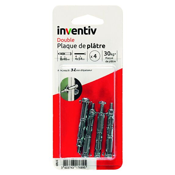 4 Chevilles Double Plaque Plâtre Ø8x46mm + Vis TR Ø4x54mm – INVENTIV