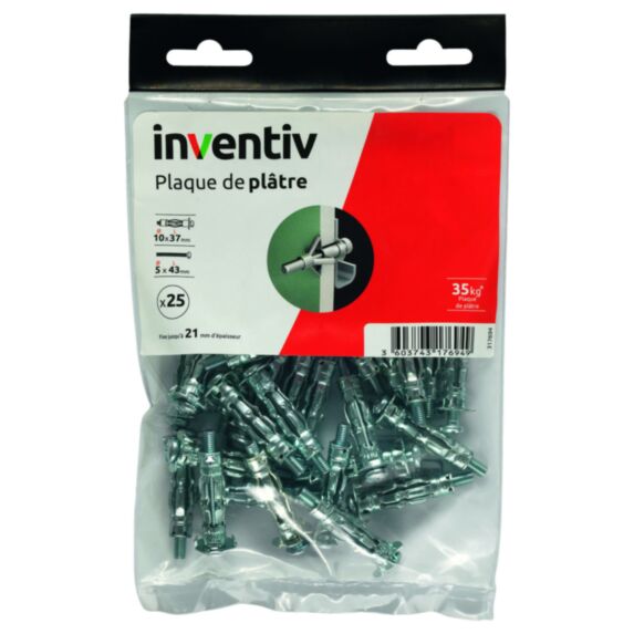 25 Chevilles Plaque Plâtre Ø10x37mm + Vis TR Ø5x43mm - INVENTIV