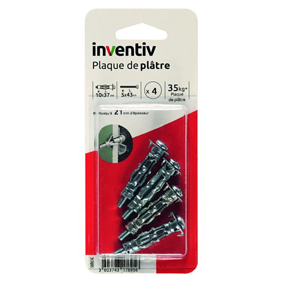 4 Chevilles Plaque Plâtre Ø10x37mm + Vis TR Ø5x43mm - INVENTIV