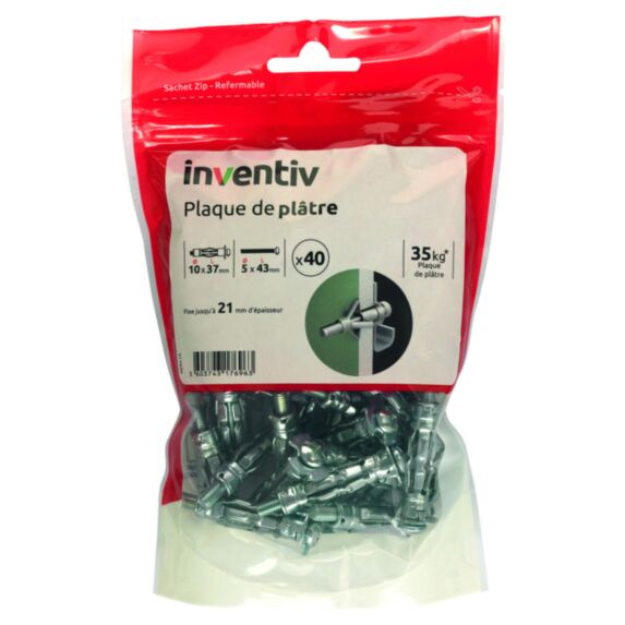 40 Chevilles Plaque Plâtre Ø10x37mm + Vis TR Ø5x43mm - INVENTIV
