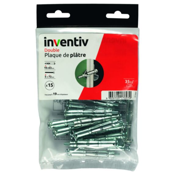 15 Chevilles Double Plaque Plâtre Ø10x63mm + Vis TR Ø5x72mm - INVENTIV