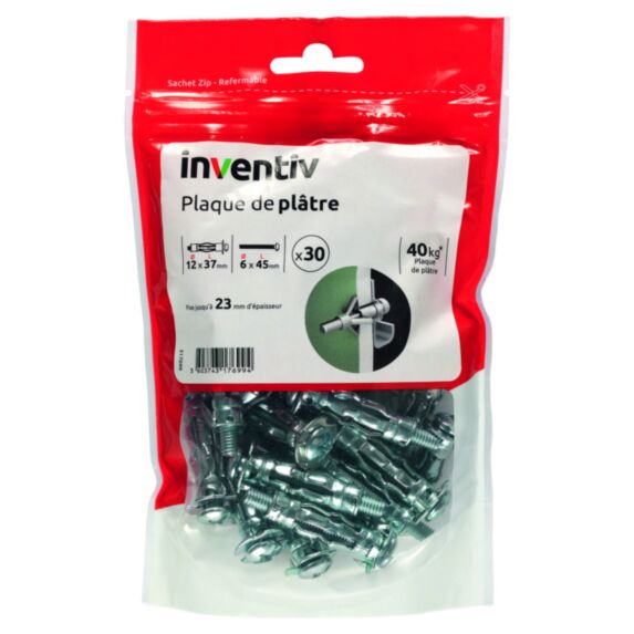 30 Chevilles Plaque Plâtre Ø12x37mm + Vis TR Ø6x45mm - INVENTIV
