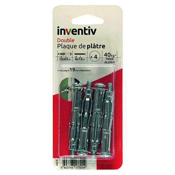 4 Chevilles Double Plaque Plâtre Ø12x63mm + Vis TR Ø6x72mm - INVENTIV