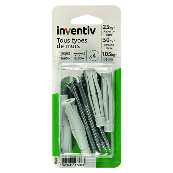 4 Chevilles Tous Matériaux Ø10x60mm + Vis TF  Ø6x80mm - INVENTIV
