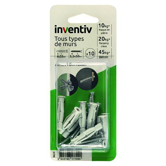 10 Chevilles Tous Matériaux Ø6x35mm + Vis TF  Ø3,5x50mm - INVENTIV