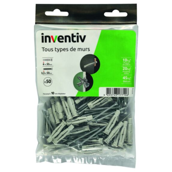 50 Chevilles Tous Matériaux Ø6x35mm + Vis TF  Ø3,5x50mm - INVENTIV