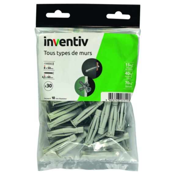 30 Chevilles Tous Matériaux Ø8x50mm + Vis TF  Ø4,5x60mm - INVENTIV