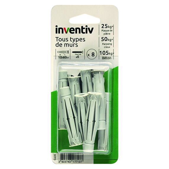 8 Chevilles Nylon Tous Matériaux Ø10x60mm - INVENTIV