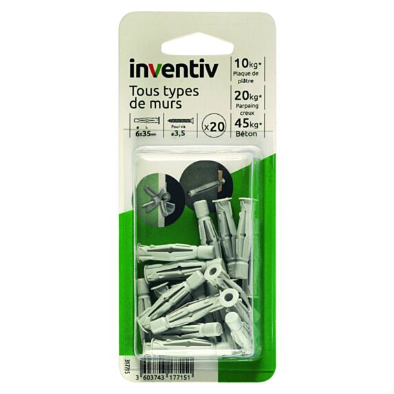 20 Chevilles Nylon Tous Matériaux Ø6x35mm - INVENTIV