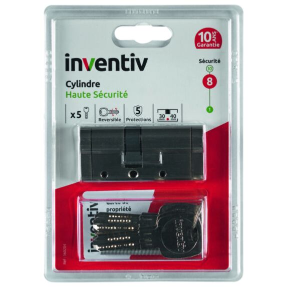 Cylindre de Serrure Haute Sécurité 5 Protections L.30+40mm - INVENTIV