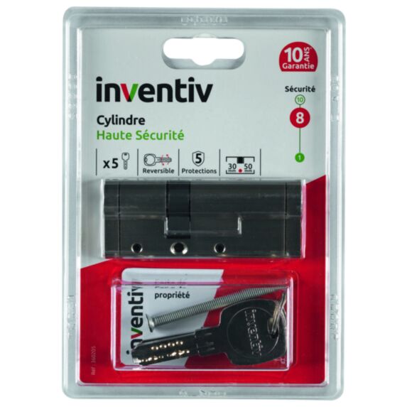 Cylindre de Serrure Haute Sécurité 5 Protections L.30+50mm - INVENTIV