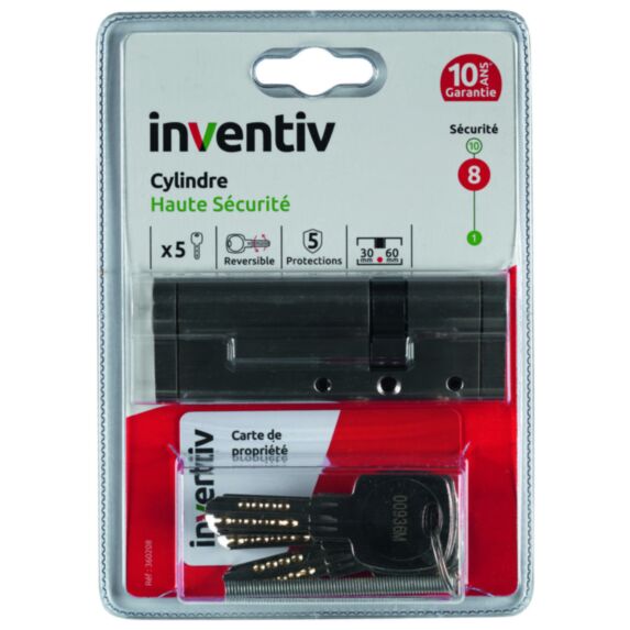 Cylindre de Serrure Haute Sécurité 5 Protections L.30+60mm - INVENTIV