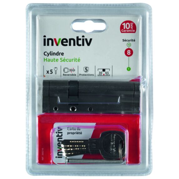Cylindre de Serrure Haute Sécurité 5 Protections L.30+65mm - INVENTIV