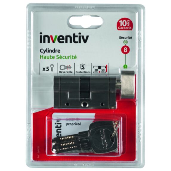 Cylindre de Serrure Haute Sécurité 5 Protections L.30+30mm - INVENTIV