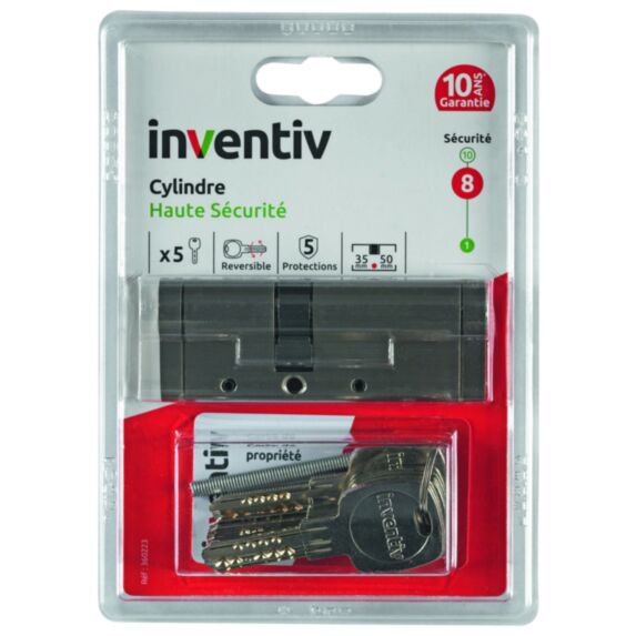 Cylindre de Serrure Haute Sécurité 5 Protections L.35+50mm - INVENTIV